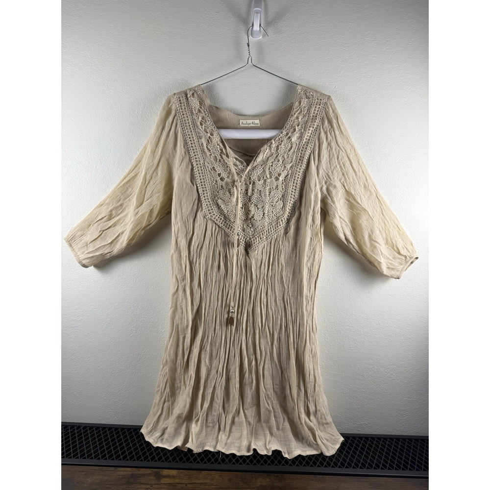 Indigo Rose Cream Boho Lace Tunic Dress Crinkle Peasant‎ V Neck 3/4 Sleeve M